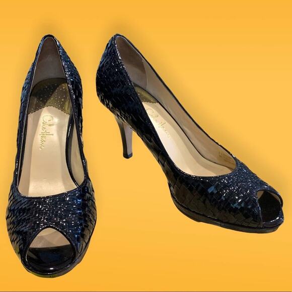 Cole Haan Felisha Black pumps heels woven leather open toe shoes size 7.5 - Picture 9 of 9